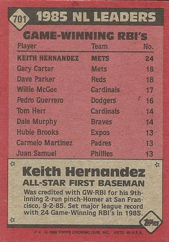 1986 Topps #701 Keith Hernandez Back