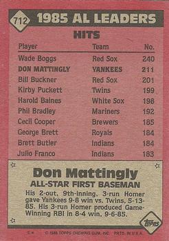 1986 Topps #712 Don Mattingly Back