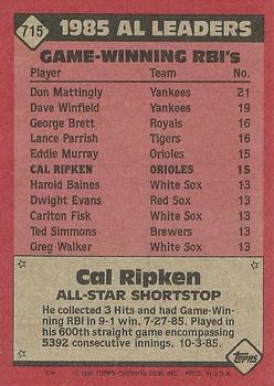 1986 Topps #715 Cal Ripken Back