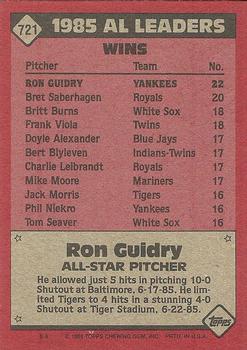 1986 Topps #721 Ron Guidry Back
