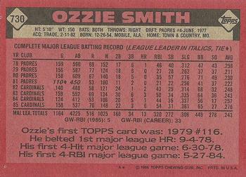 1986 Topps #730 Ozzie Smith Back