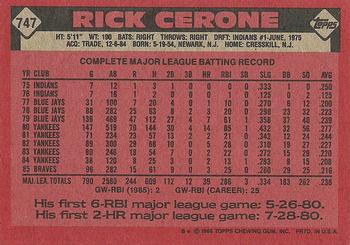 1986 Topps #747 Rick Cerone Back
