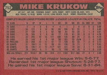 1986 Topps #752 Mike Krukow Back