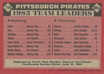 1986 Topps #756 Pirates Leaders Back