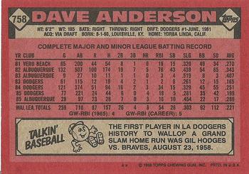 1986 Topps #758 Dave Anderson Back