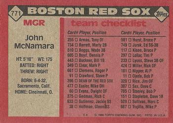 1986 Topps #771 John McNamara Back