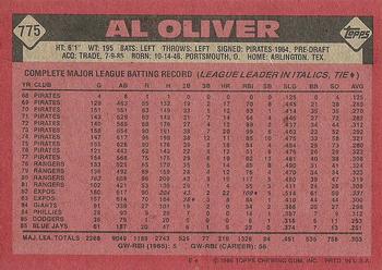 1986 Topps #775 Al Oliver Back