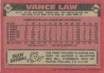 1986 Topps #787 Vance Law Back