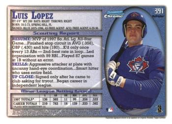 1998 Bowman Chrome - Refractors #391 Luis Lopez Back