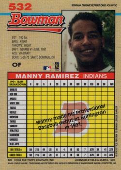 1998 Bowman Chrome - Bowman Rookie Reprints #36 Manny Ramirez Back