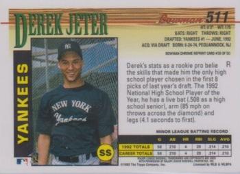 1998 Bowman Chrome - Bowman Rookie Reprints Refractors #38 Derek Jeter Back