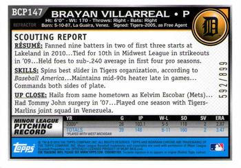 2010 Bowman Chrome - Prospects Purple Refractors #BCP147 Brayan Villarreal Back