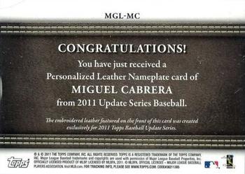 2011 Topps Update - Manufactured Glove Leather Nameplates #MGL-MC Miguel Cabrera Back