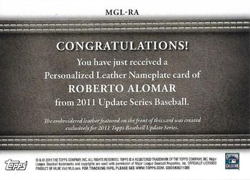 2011 Topps Update - Manufactured Glove Leather Nameplates Nickname #MGL-RA Roberto Alomar Back
