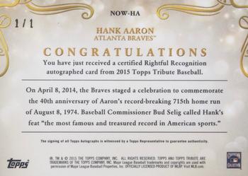 2015 Topps Tribute - Rightful Recognition Autographs Printing Plates Cyan #NOW-HA Hank Aaron Back