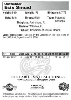1999 Choice Carolina League Top Prospects #NNO Esix Snead Back