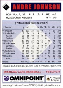 1999 Warning Track Albany-Colonie Diamond Dogs #13 Andre Johnson Back