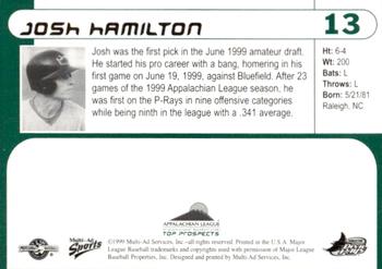 1999 Multi-Ad Appalachian League Top Prospects #13 Josh Hamilton Back