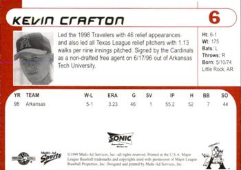 1999 Multi-Ad Arkansas Travelers #6 Kevin Crafton Back