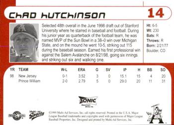 1999 Multi-Ad Arkansas Travelers #14 Chad Hutchinson Back