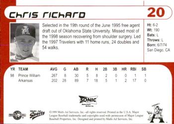 1999 Multi-Ad Arkansas Travelers #20 Chris Richard Back