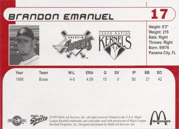1999 Multi-Ad Cedar Rapids Kernels #NNO Brandon Emanuel Back
