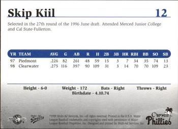 1999 Multi-Ad Clearwater Phillies #12 Skip Kiil Back
