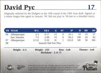 1999 Multi-Ad Clearwater Phillies #17 David Pyc Back