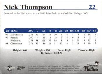 1999 Multi-Ad Clearwater Phillies #22 Nick Thompson Back