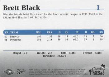 1999 Multi-Ad Clearwater Phillies #1 Brett Black Back