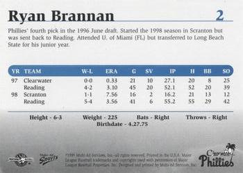 1999 Multi-Ad Clearwater Phillies #2 Ryan Brannan Back