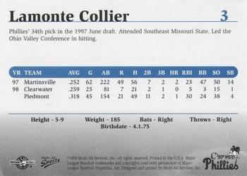1999 Multi-Ad Clearwater Phillies #3 Lamonte Collier Back