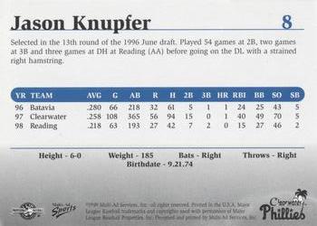 1999 Multi-Ad Clearwater Phillies #8 Jason Knupfer Back