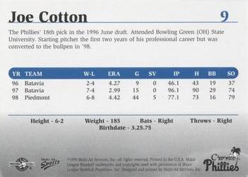 1999 Multi-Ad Clearwater Phillies #9 Joe Cotton Back