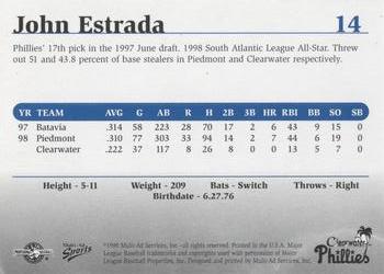 1999 Multi-Ad Clearwater Phillies #14 John Estrada Back