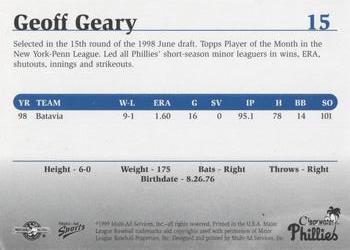 1999 Multi-Ad Clearwater Phillies #15 Geoff Geary Back