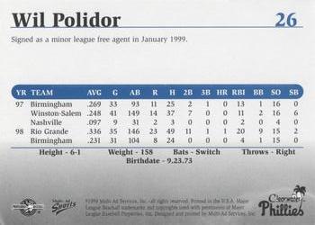 1999 Multi-Ad Clearwater Phillies #26 Wil Polidor Back