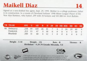 1999 Multi-Ad Delmarva Shorebirds #14 Maikell Diaz Back
