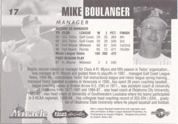 1999 Fort Myers Miracle #NNO Mike Boulanger Back
