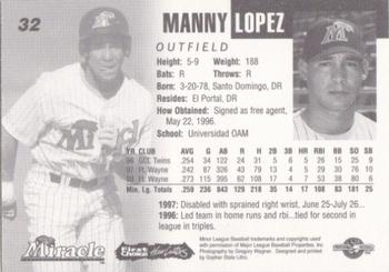 1999 Fort Myers Miracle #NNO Manny Lopez Back