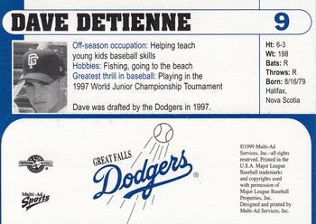 1999 Multi-Ad Great Falls Dodgers #9 Dave Detienne Back
