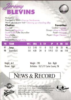 1999 Multi-Ad Greensboro Bats #1 Jeremy Blevins Back