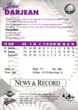 1999 Multi-Ad Greensboro Bats #7 John Darjean Back