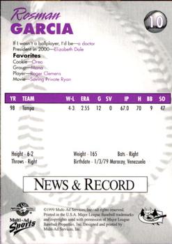1999 Multi-Ad Greensboro Bats #10 Rosman Garcia Back