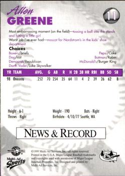 1999 Multi-Ad Greensboro Bats #11 Allen Greene Back