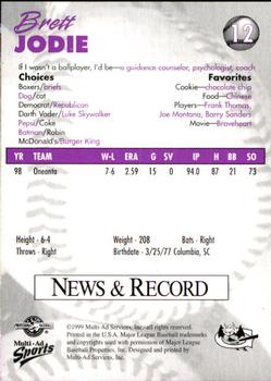 1999 Multi-Ad Greensboro Bats #12 Brett Jodie Back