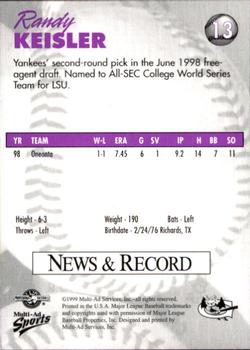 1999 Multi-Ad Greensboro Bats #13 Randy Keisler Back