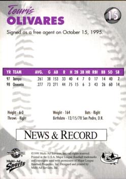 1999 Multi-Ad Greensboro Bats #15 Teuris Olivares Back