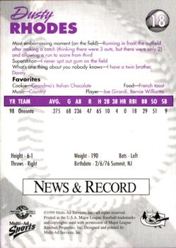 1999 Multi-Ad Greensboro Bats #18 Dusty Rhodes Back