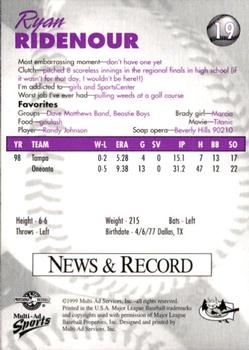 1999 Multi-Ad Greensboro Bats #19 Ryan Ridenour Back